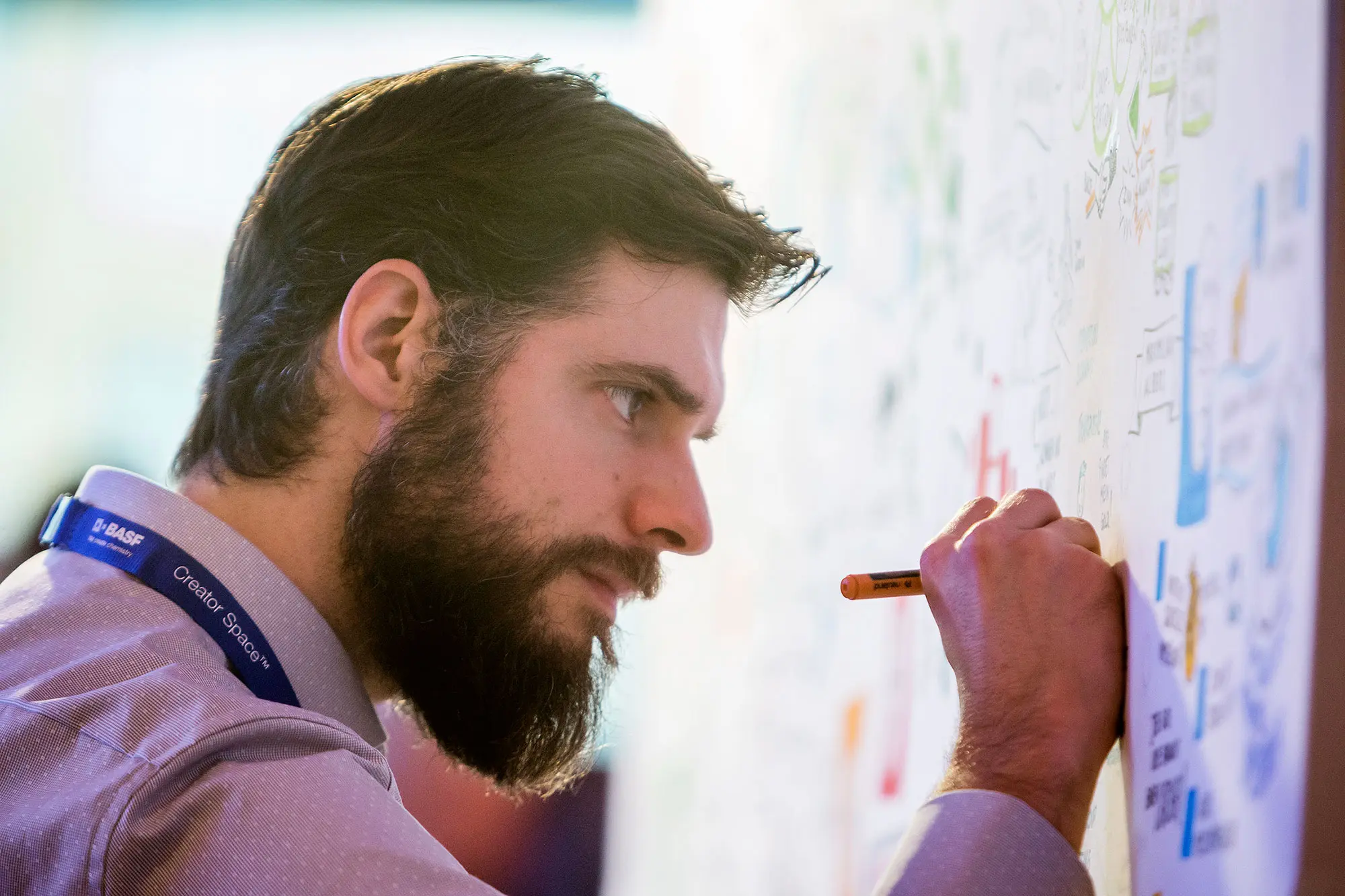 Nahaufnahme von Michael Schrenk in Aktion beim analogen Graphic Recording